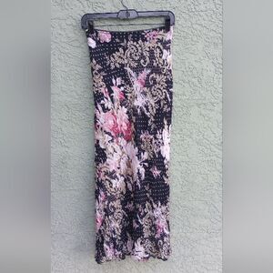 EUC PARADISE NY Black w/Pink & Tan Flowers Sequins Maxi Ruffle Skirt Medium